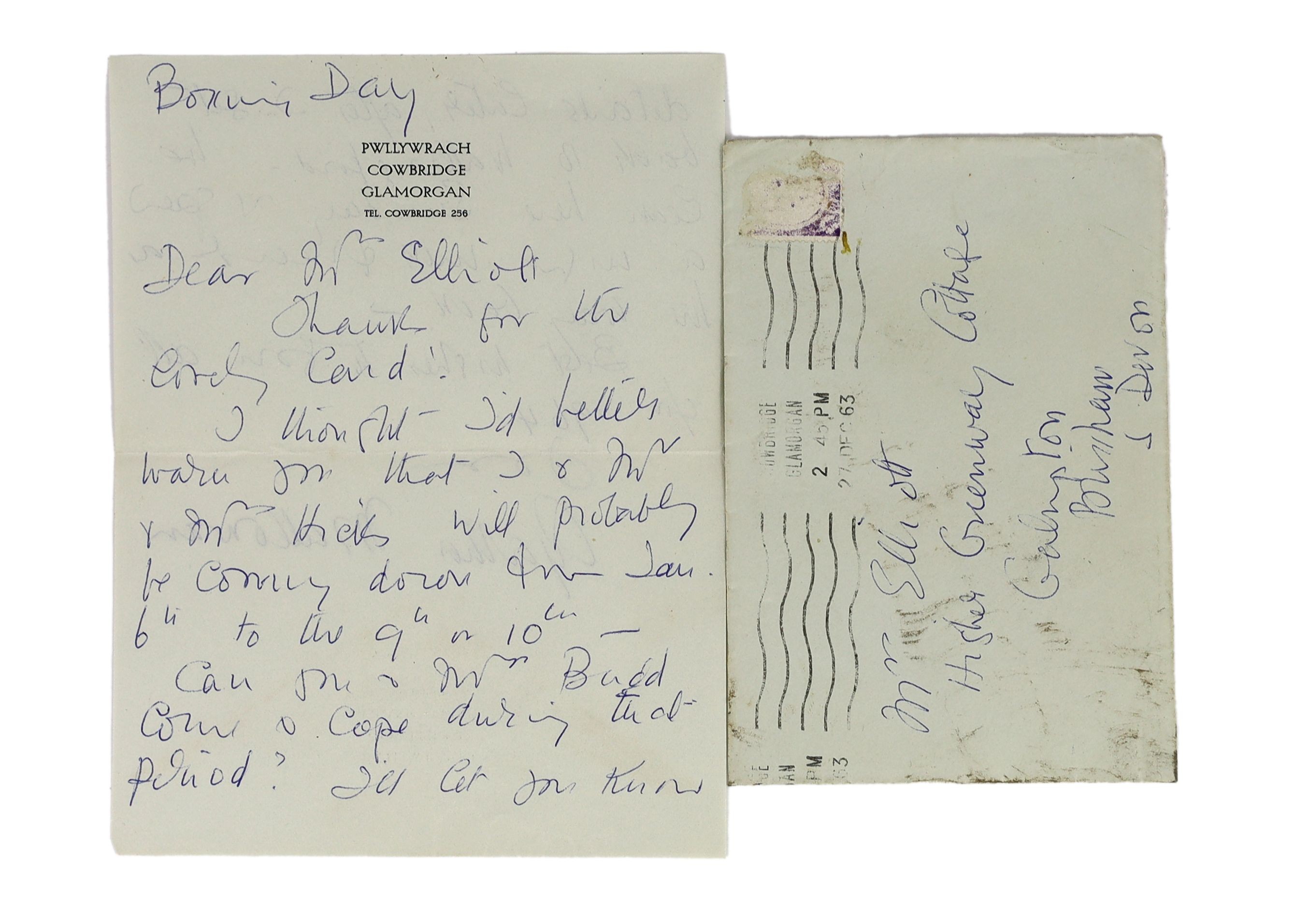 A manuscript letter from Agatha Christie to Mrs Elliot on Pwllywrach notepaper